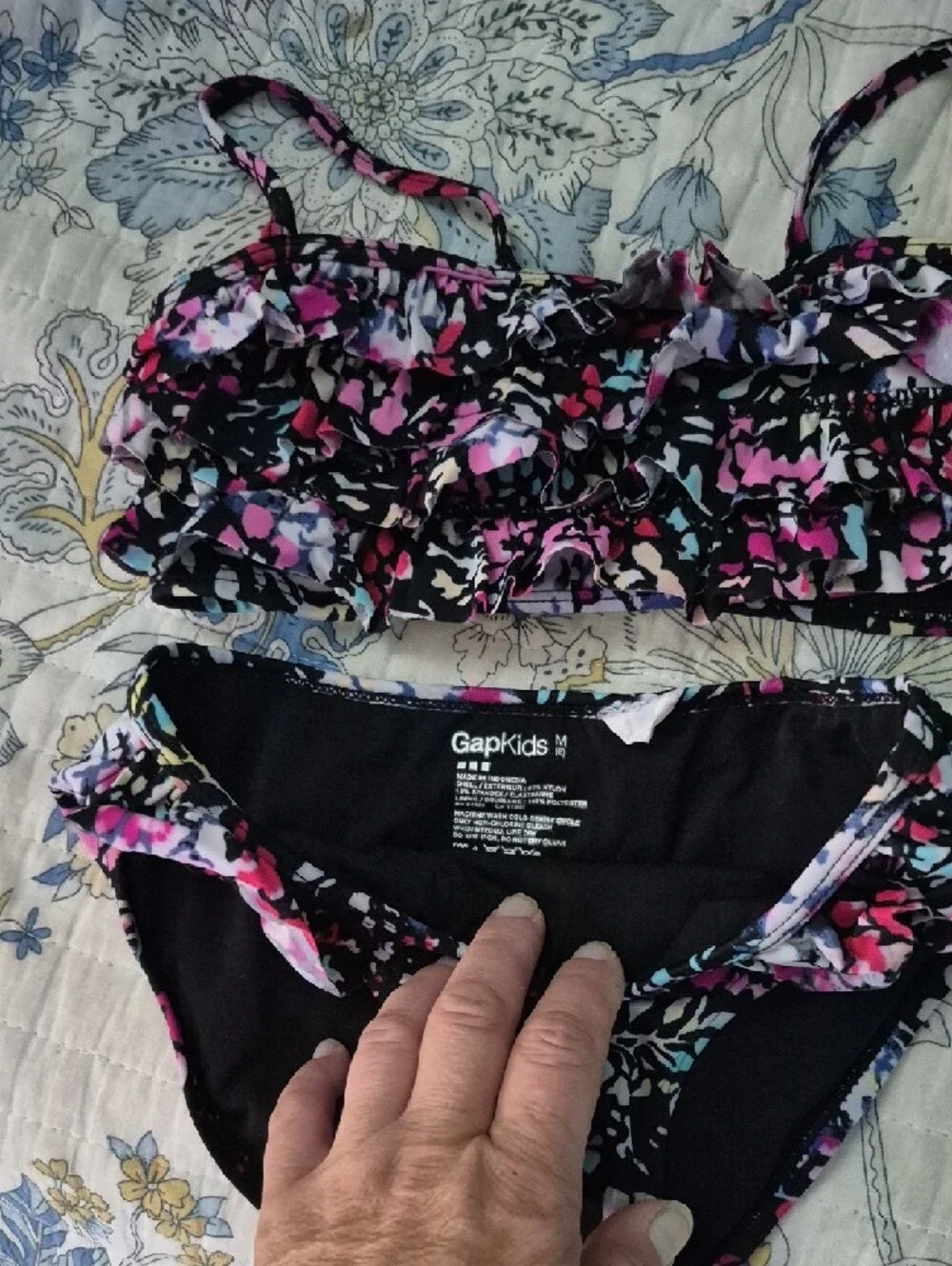 GAP Kids Black Floral Ruffle Bikini with Pink, Purple, Blue Accents